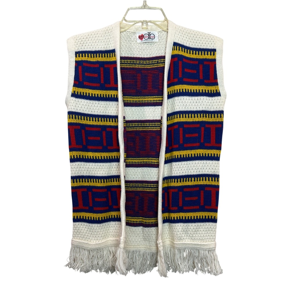 Vintage 70s Knit Vest Womens Small White Blue Red Yellow Fringe Southwest Boho